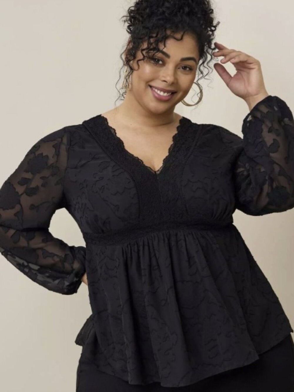 Torrid Babydoll Clip Floral Long Sleeve Top Deep Black Sheer  Size 2  2X 18-20